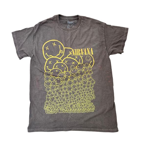 Nirvana Graphic Print 90s Band Short Sleeve Faded T-Shirt Olive Green Sz Medium - Picture 2 of 7